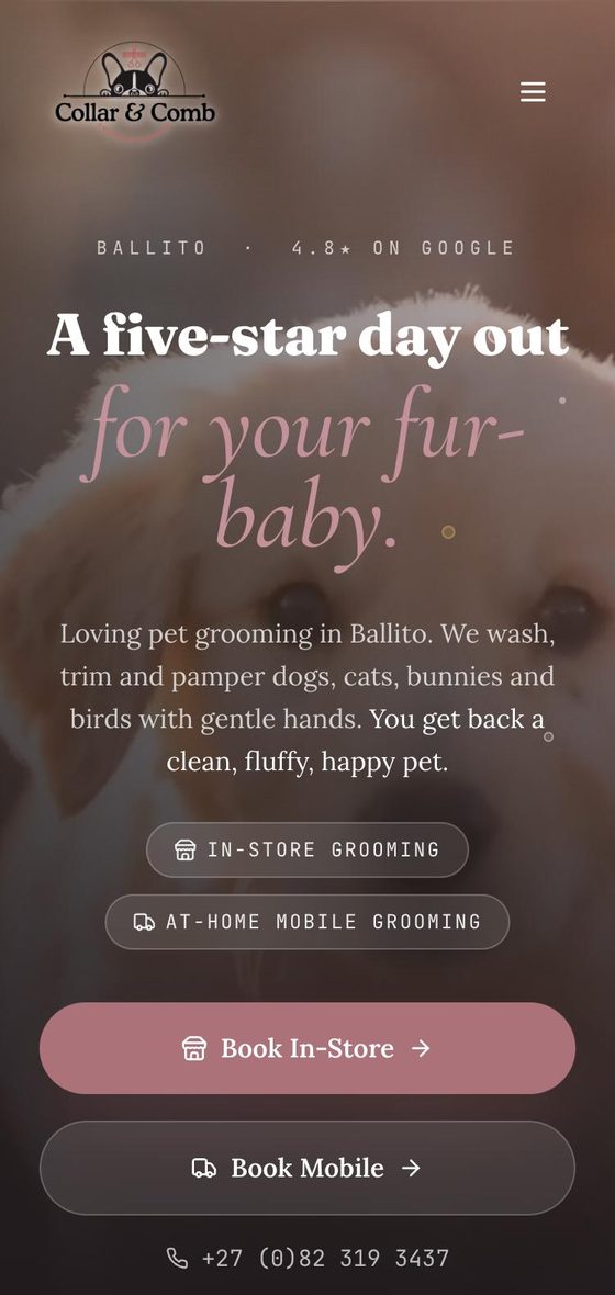 Collar & Comb website on a phone